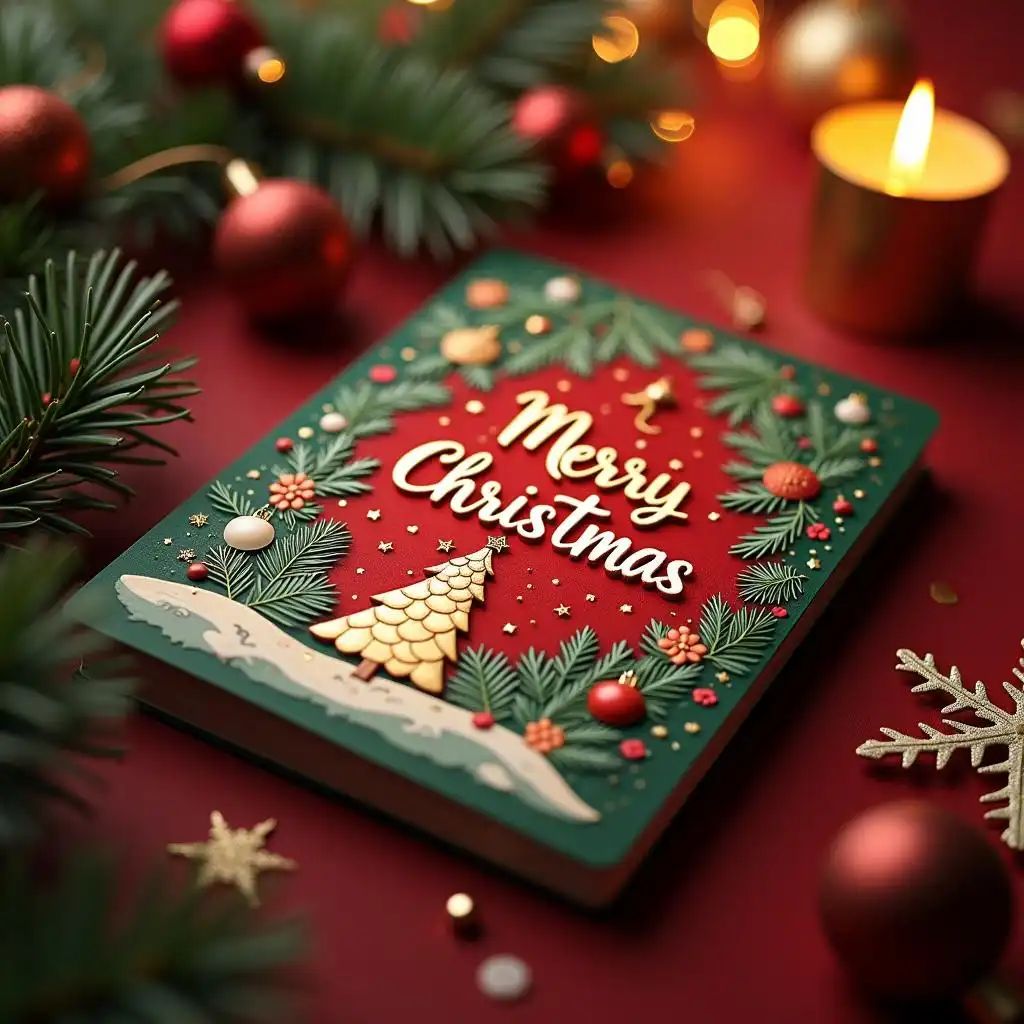Caratterizzato da un biglietto di Natale rosso, oro e verde con fiocchi di neve e decorazioni per l'albero di Natale.