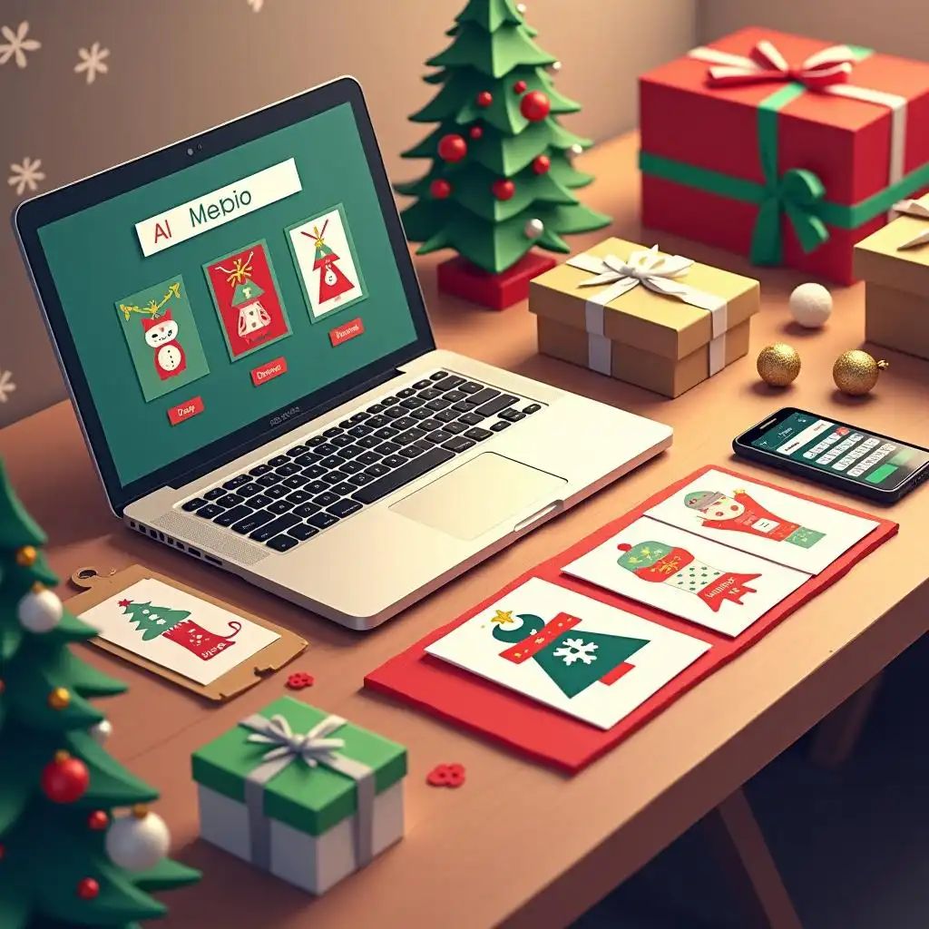 Un computer portatile sulla scrivania mostra l'interfaccia di un generatore di cartoline di Natale, circondato da biglietti di auguri dal design accattivante.