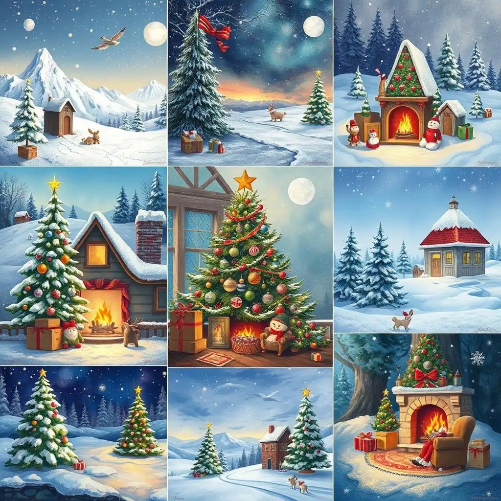 Una raccolta di scene natalizie in molteplici stili artistici, con neve, alberi di Natale, caminetti e altri elementi.