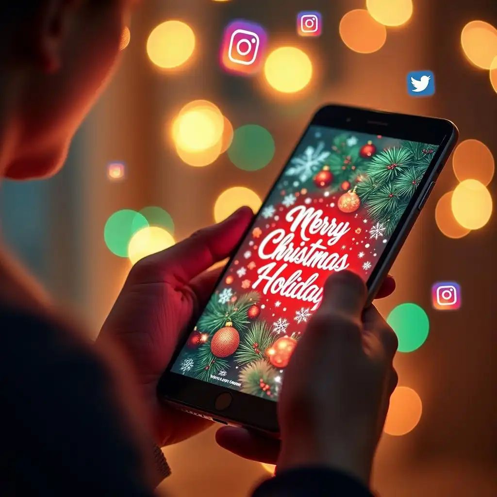 Il personaggio tiene in mano uno smartphone, sul quale è visualizzata una cartolina di Natale dal design accattivante con auguri di vacanze.