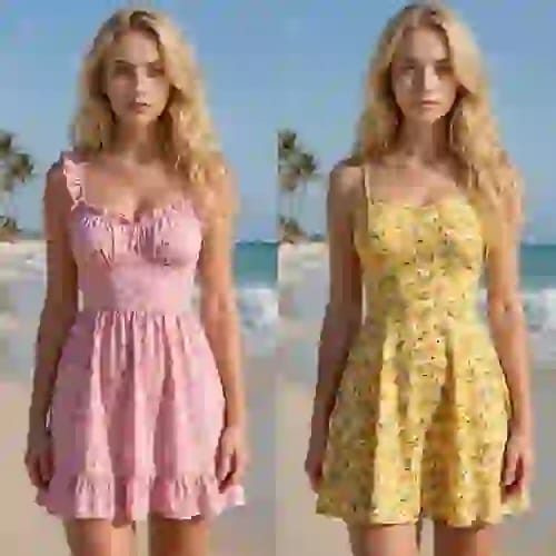 Sahilde duran kolsuz pembe çiçekli elbiseli sarışın bir kadın ile sarı çiçekli elbiseli aynı kadın arasındaki yapay zeka kıyafetlerinin çıkarılmasının etkisini gösteren karşılaştırma.