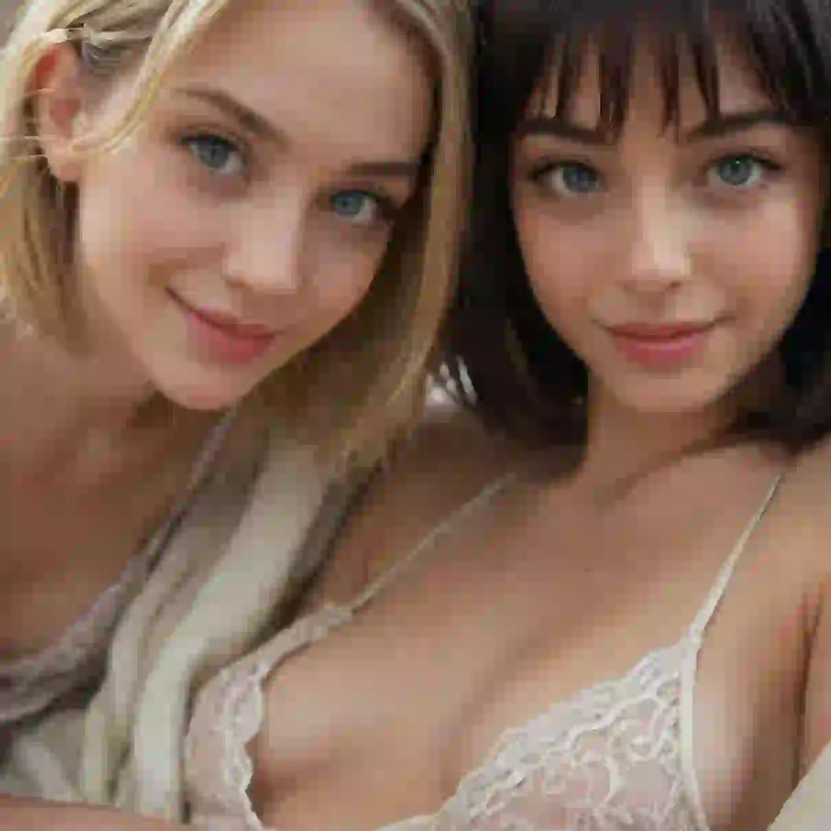 Koyu kısa saçlı bir kadın ve sarı kısa saçlı bir kadın selfie çekiyor.