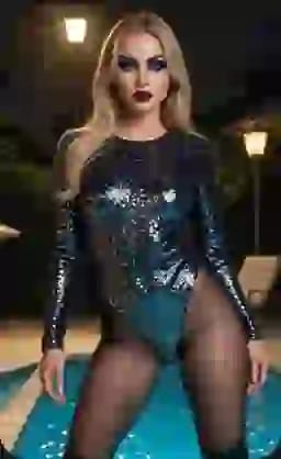 Блондинка в синем боди с блестками и прозрачных черных колготках позирует у бассейна. Вариант одежды для генератора изображений AI.