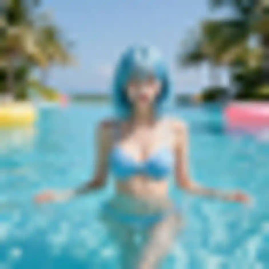 An Asian woman with blue hair in blue bikini is posing in a swimming pool.