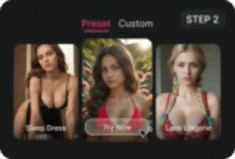 Three preset image effect examples with "Sleep Dress", "Try Now", and "Lace Lingerie" options, plus a Custom tab, showing the interface of step two.