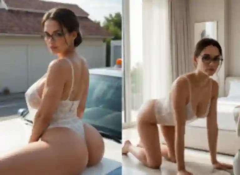 Combined image showing the before and after of AI image to image. Left: Back view of a woman in white lace lingerie sitting on a car. Right: The same woman kneeling nude in a bedroom.