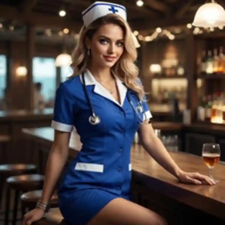 امرأة شقراء ترتدي زي ممرضة باللون الأزرق الداكن تتظاهر بشكل مغر في الحانة.