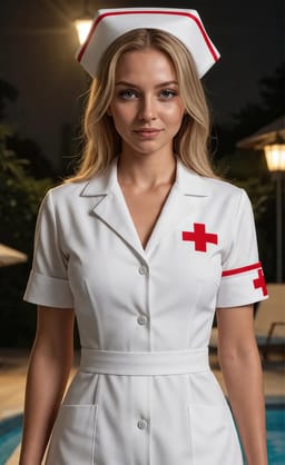 En blond kvinde i hvid sygeplejerskeuniform poserer ved en swimmingpool.