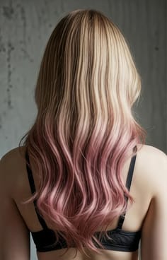 En kvindes tilbageblik. Hårfarven er en gradient fra blond til rosa.