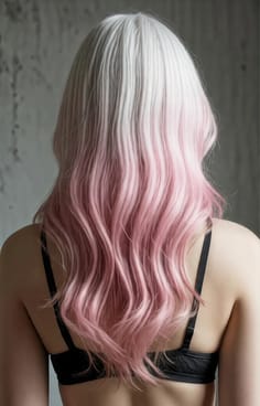 En kvindes tilbageblik. Hårfarven er en gradient fra creme til rose.