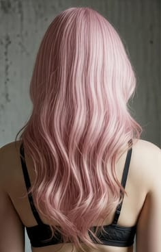 En kvinde med lys pink hår, set bagfra. En hårfarvemulighed til AI-billedgenerator.