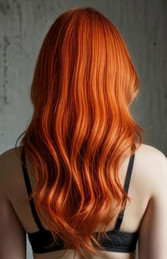 En kvinde med orange bølget hår, set bagfra. En hårfarvemulighed til AI-billedgenerator.