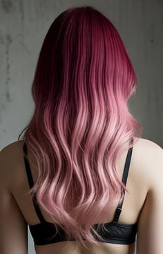 En kvindes tilbageblik. Hårfarven er en gradient fra mørkerød til blush pink.
