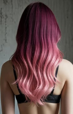 En kvindes tilbageblik. Hårfarven er en gradient fra mørkerød til pink.