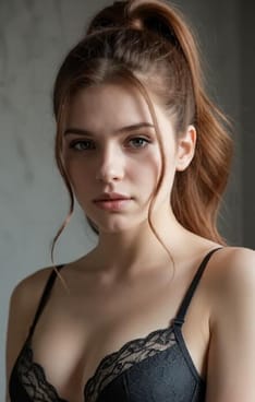 En kvinde med høj hestehale i sort blonde bh. En frisuremulighed til AI-billedgenerator.