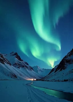 Grønt aurora borealis over en sneklædt bjergdal om natten. Scenemulighed for AI-billedgenerator.