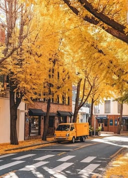 Gyldne ginkgo-træer langs en gade med en gul varevogn. Scenemulighed for AI-billedgenerator.