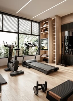 AI-genereret luksus boutique fitnessrum interiør med panoramavinduer og gråt industrielt design.