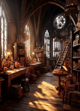 Soloplyst gotisk bibliotek fyldt med bøger og træhylder. Scenemulighed for AI-billedgenerator.