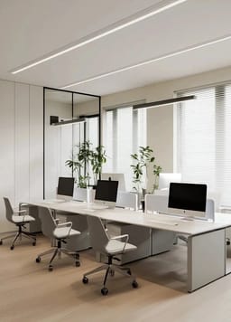 AI-genereret luksus CEO-kontor med gulv-til-loft-vinduer og panoramaudsigt over byens skyline.