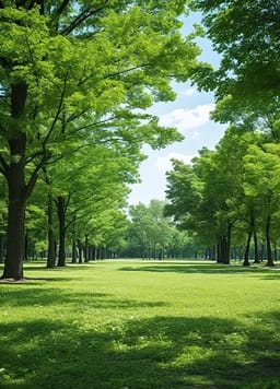 Solrig park med frodige grønne træer og bred græsplæne. Scenemulighed for AI-billedgenerator.
