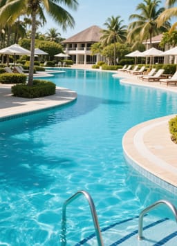 AI-genereret udendørs poolscene med krystalklart vand og tropiske palmer.