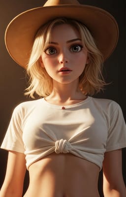 Kvinde i bredskygget hat, knudet hvid crop-top og denimshorts, fotograferet fra en lav vinkel mod en mørk baggrund. 3D anime stil. Stilmulighed for AI-billedgenerator.