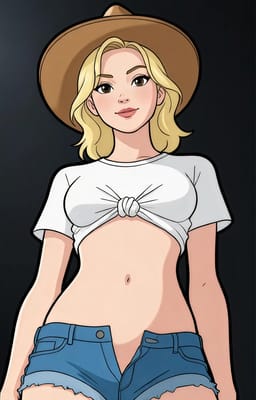 Kvinde i bredskygget hat, knudet hvid crop-top og denimshorts, fotograferet fra en lav vinkel mod en mørk baggrund. Tegnefilm stil. Stilmulighed for AI-billedgenerator.