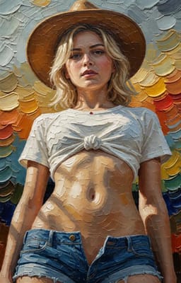 Kvinde i bredskygget hat, knudet hvid crop-top og denimshorts, fotograferet fra en lav vinkel med farverig baggrund. Oliemaleri stil. Stilmulighed for AI-billedgenerator.