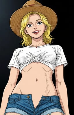Kvinde i bredskygget hat, knudet hvid crop-top og denimshorts, fotograferet fra en lav vinkel mod en mørk baggrund. One Piece stil. Stilmulighed for AI-billedgenerator.
