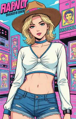 Kvinde i bredskygget hat, knudet hvid crop-top og denimshorts, fotograferet fra en lav vinkel med farverig vintagearkade og salgsautomater i baggrunden. Retro anime stil. Stilmulighed for AI-billedgenerator.