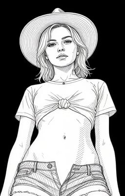 Kvinde i bredskygget hat, knudret crop top og denimshorts, fotograferet fra en lav vinkel mod en mørk baggrund. Skitse stil. Stilmulighed for AI-billedgenerator.