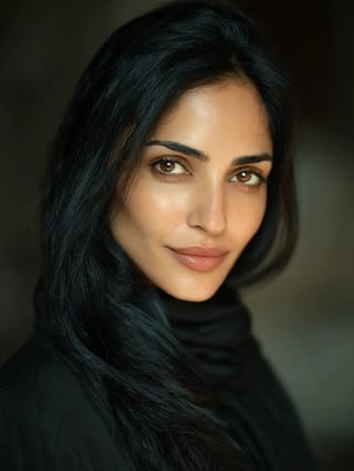 लंबे काले बाल और गहरी आंखों वाली दक्षिण एशियाई महिला। फोटो फेस स्वैप के लिए टेम्पलेट.