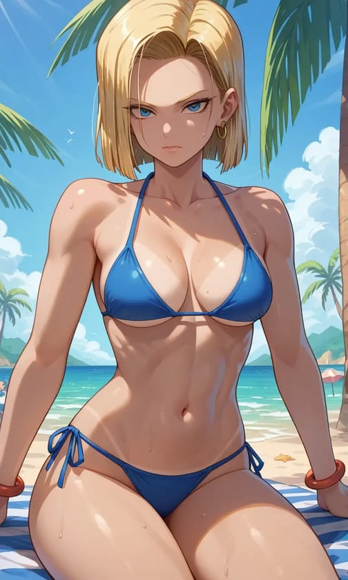 Styl Dragon Ball, postać kobieca z anime z blond włosami w niebieskim bikini, pozująca na plaży z zdecydowanym wyrazem twarzy.