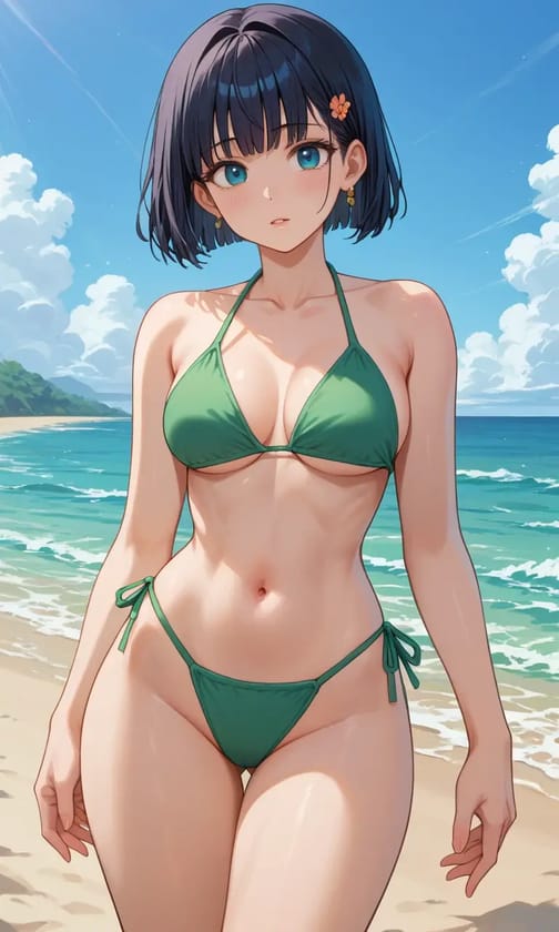 Kobieca postać z anime z ciemnymi krótkimi włosami w zielonym bikini na plaży.