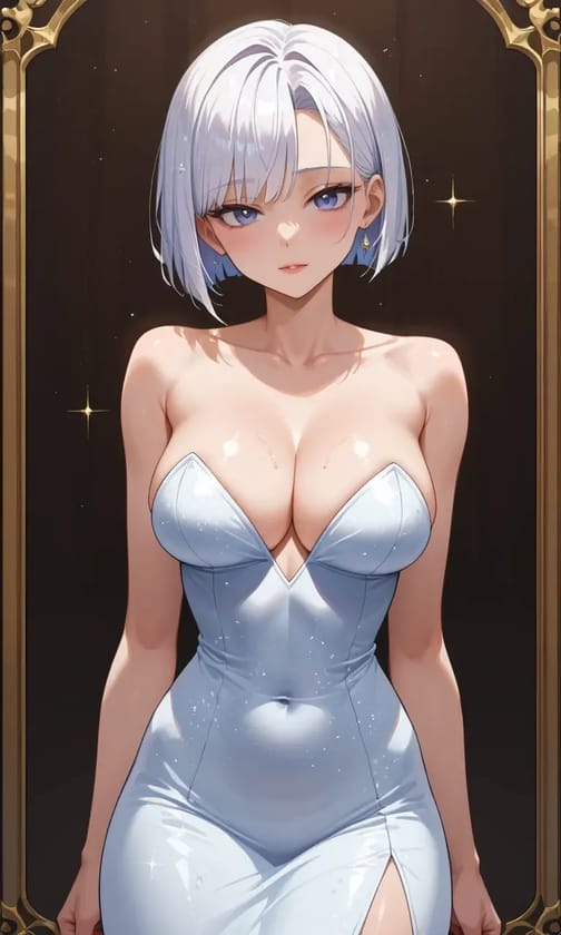 Postać kobieca z anime z krótkimi platynowymi włosami w białej sukience z odkrytymi ramionami.