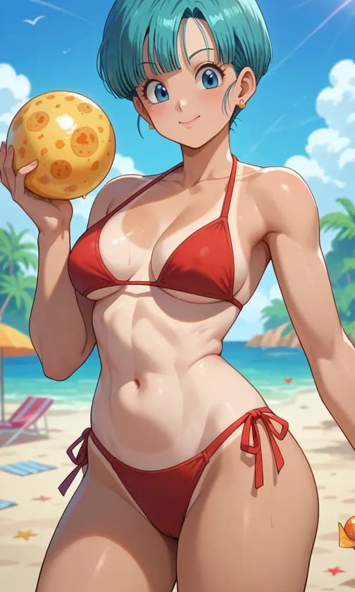 Styl Dragon Ball, postać kobieca z anime z niebieskimi krótkimi włosami w czerwonym bikini, pozująca z pomarańczową kulą w dłoni.