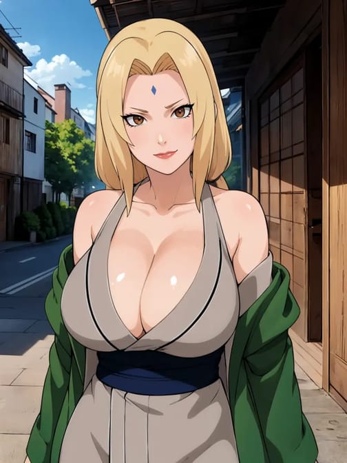 Styl Naruto, postać kobieca z anime o blond włosach w szarej sukience pozowanie na zewnątrz.