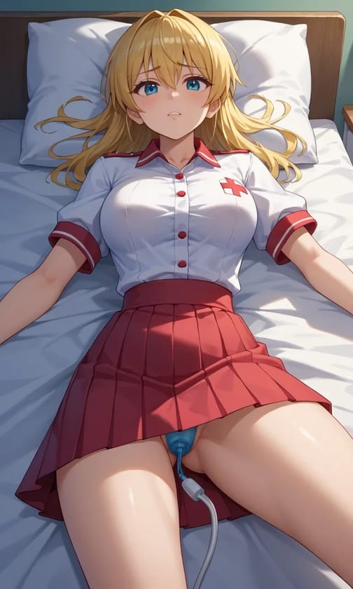 Wygenerowany przez sztuczną inteligencję obraz anime przedstawiający blondynkę w mundurze pielęgniarki i czerwonej plisowanej spódnicy, leżącą na szpitalnym łóżku