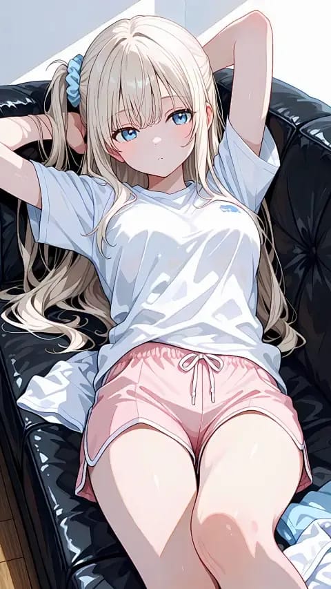 Wygenerowany przez sztuczną inteligencję obraz anime przedstawiający blondynkę z podwójnymi włosami w zwykłym białym t-shircie i różowych spodenkach siedzącą na sofie