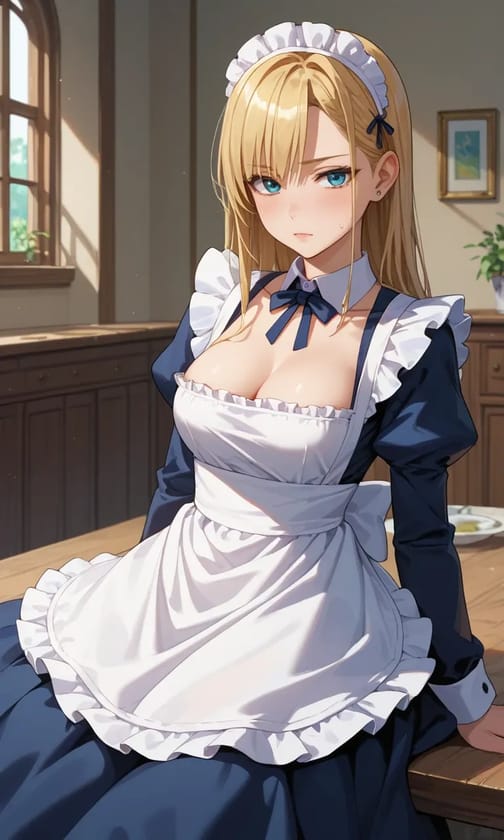 Wygenerowany przez sztuczną inteligencję obraz anime przedstawiający blondynkę w klasycznym granatowo-białym stroju pokojówki siedzącej przy stole w jadalni