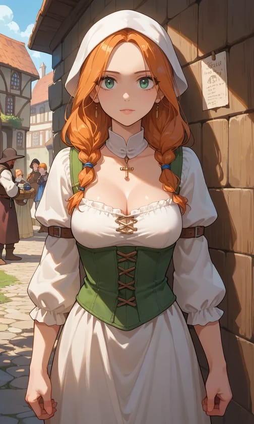 Wygenerowany przez sztuczną inteligencję obraz anime przedstawiający pomarańczowowłosą kobietę w średniowiecznym stroju pokojówki z zielonego gorsetu na brukowanej uliczce