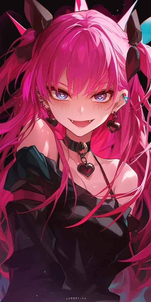 Wygenerowany przez sztuczną inteligencję portret anime różowowłosej demonicznej dziewczyny z rogami i naszyjnikiem w kształcie serca w ciemnym stroju