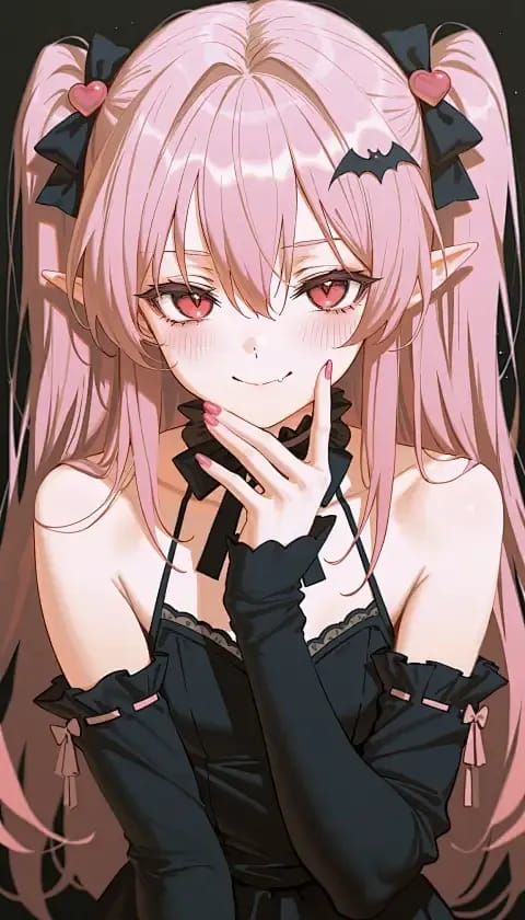Wygenerowany przez sztuczną inteligencję obraz anime przedstawiający kobietę z różowymi włosami z podwójnym ogonem ozdobioną dodatkami w kształcie nietoperzy w ciemnym gotyckim stroju