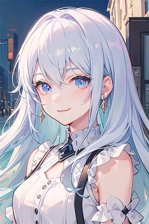 Wygenerowany przez sztuczną inteligencję portret anime kobiety z długimi srebrzystobiałymi włosami w białym stroju z falbankami i delikatnym oświetleniem