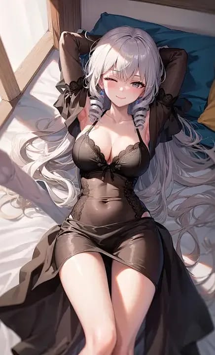 Wygenerowany przez sztuczną inteligencję obraz anime przedstawiający srebrnowłosą kobietę w ciemnym stroju leżącą na łóżku w nasłonecznionym pokoju