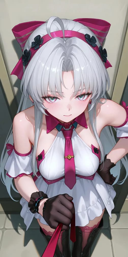 Wygenerowany przez sztuczną inteligencję obraz anime przedstawiający srebrnowłosą kobietę w biało-różowym stroju inspirowanym pokojówką z różowymi dekoracjami, patrzącą z góry na widza