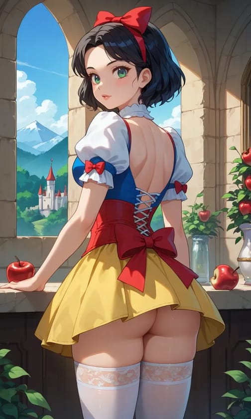 Wygenerowany przez sztuczną inteligencję obraz anime przedstawiający kobietę w stroju inspirowanym Królewną Śnieżką, patrzącą wstecz na okno zamku z górską scenerią