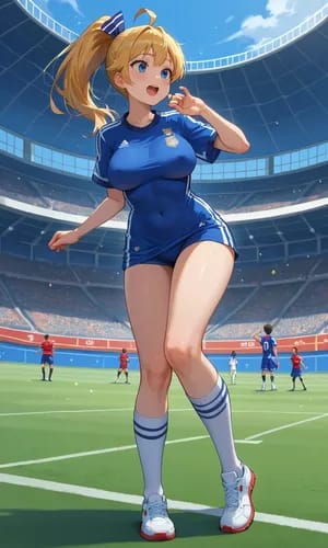 Postać kobieca z anime w niebieskiej koszulce i niebieskich spodenkach wesoło pozuje na boisku piłkarskim, tworząc wesołą atmosferę Pucharu Świata.
