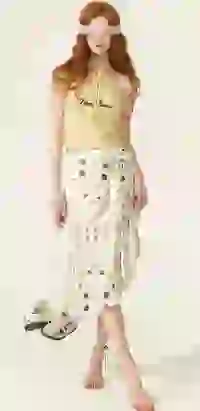 Modelka ubrana była w żółty, marszczony, krótki top z dekoltem wiązanym na szyi i białą spódnicę midi z kwiatowym nadrukiem, z różową koronkową opaską na oczach zasłaniającą jej oczy. Szablon modelu zmieniacza ubrań AI.